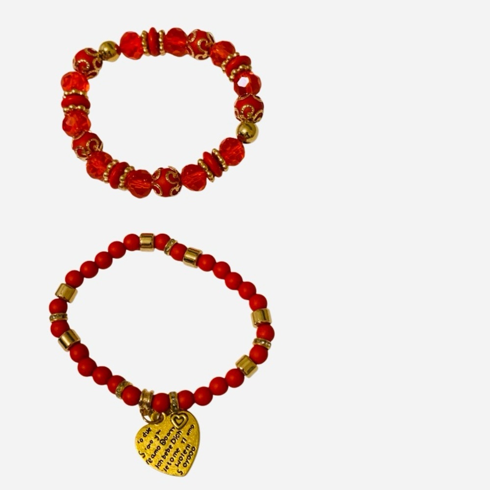 Bracelet Set 4 PC Handmade Boho Red Natural Stone Beaded Heart Charm 
Stackable - Picture 8 of 11